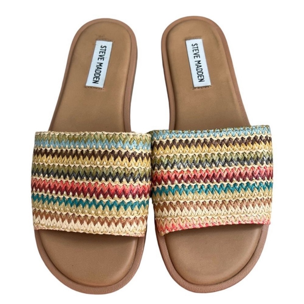 Steve Madden Sienna Sandals Womens 8.5M Tan Multicolor Woven Slide Boho Shoes